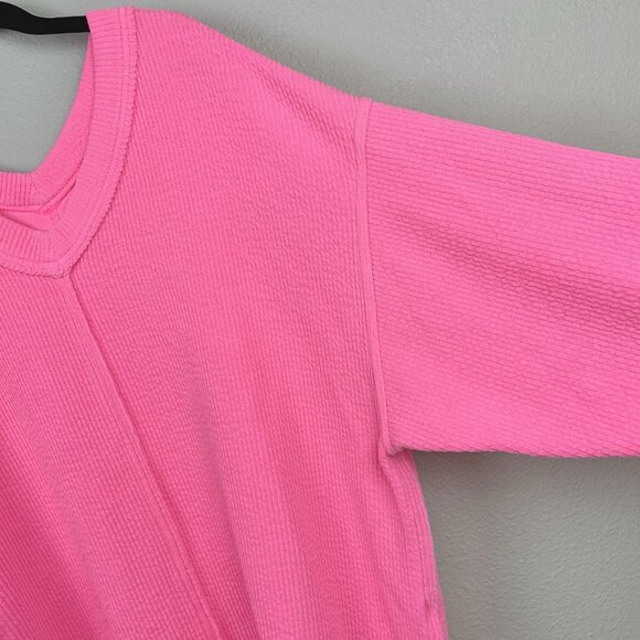 Aerie Women's Large Wonder Textured V-neck Sweatshirt Neon Bright Pink Relaxed - Picture 9 of 16